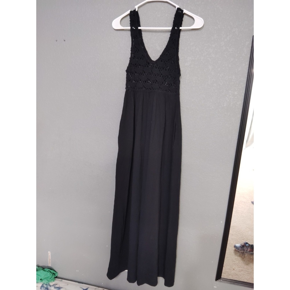 Women's Cotton Aerie Black Boho Crochet Knit Maxi Dress XS Pockets Stretch - Picture 2 of 7